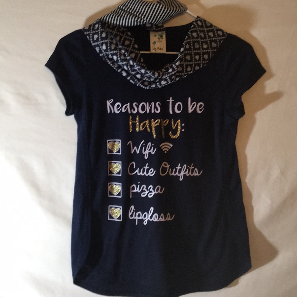 Girls Fun Shirt, Navy Blue with attached Scarf